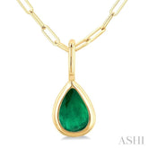 6x4 MM Bezel Set Pear Cut Emerald Precious Fashion Pendant With Paperclip Chain in 14K Yellow Gold